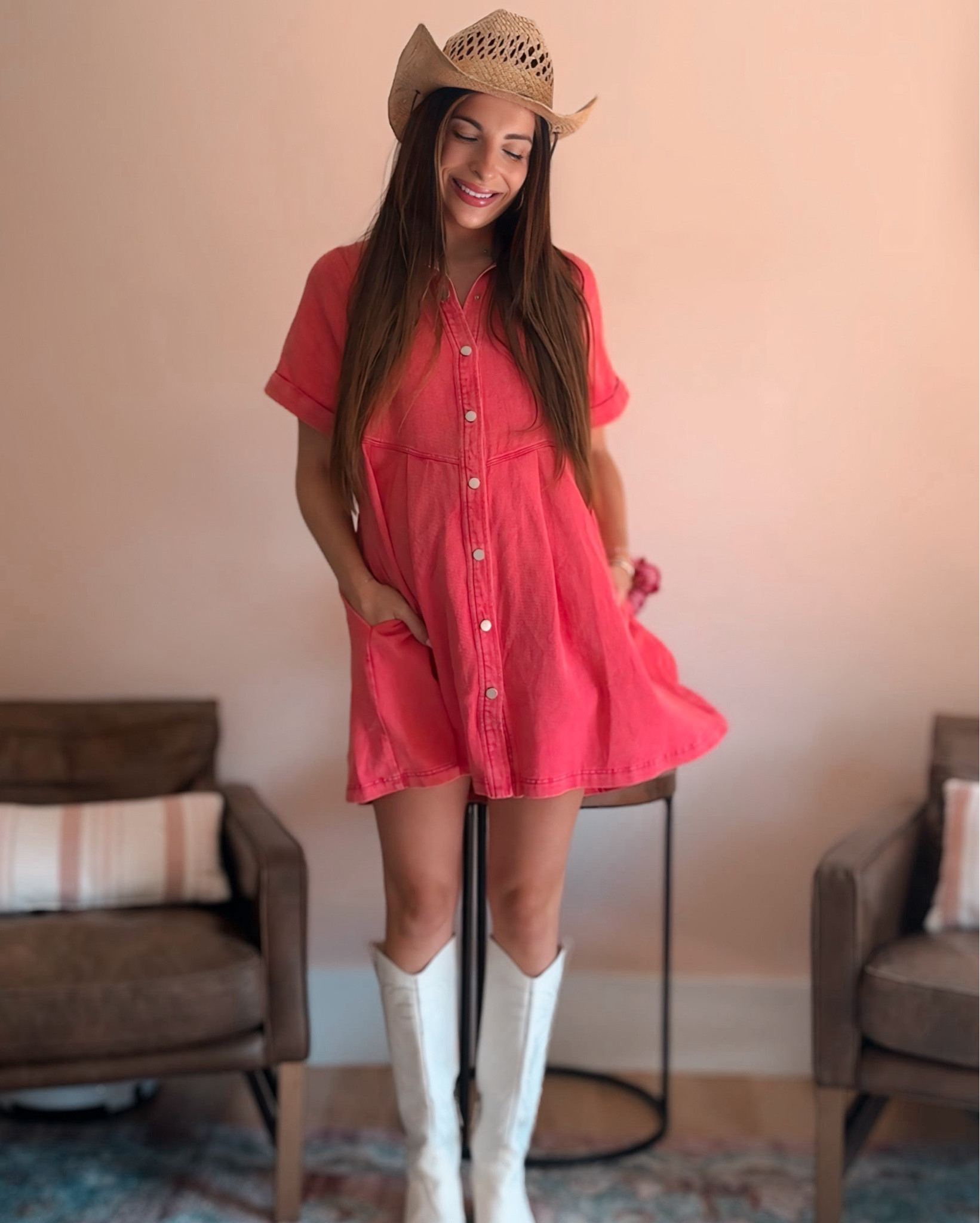 Rodeo outfit 37 weeks pregnant 🤰🏻 which boots do we like?! Brown or black?! 

Maternity, pink blush maternity, red denim dress, cowgirl boots, cowgirl hat, white cowgirl boots, suede cowgirl boots, rodeo fashion, country concert outfit 

#LTKStyleTip #LTKShoeCrush #LTKBump