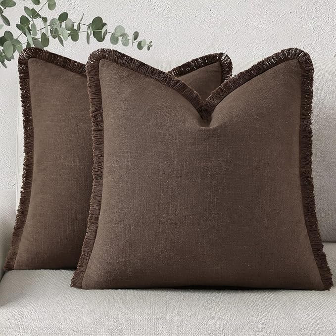 decorUhome Summer Decorative Neutral Linen Fringe Throw Pillow Covers Set of 2 Chocolate Pillow C... | Amazon (US)
