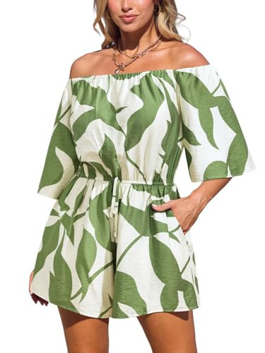 CUPSHE Women's Tropical Leaf Print Off Shoulder Romper 3/10 Sleeve Casual L | Amazon (US)