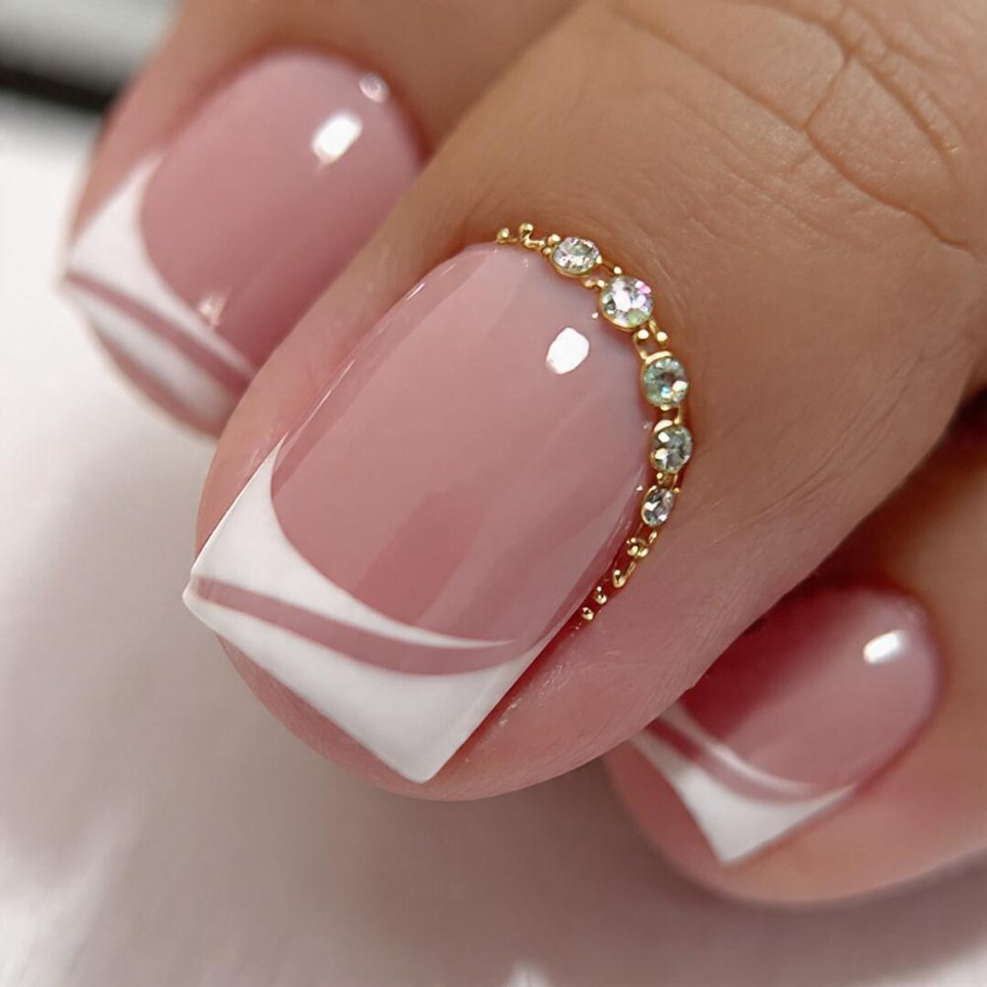 Handmade Rhinestone French Tip Press on Nails, Acrylic Nail Set - Etsy | Etsy (US)