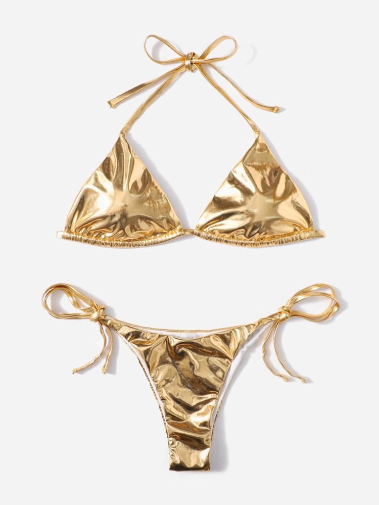 Metallic Halter Triangle Tie Side Bikini Swimsuit | SHEIN