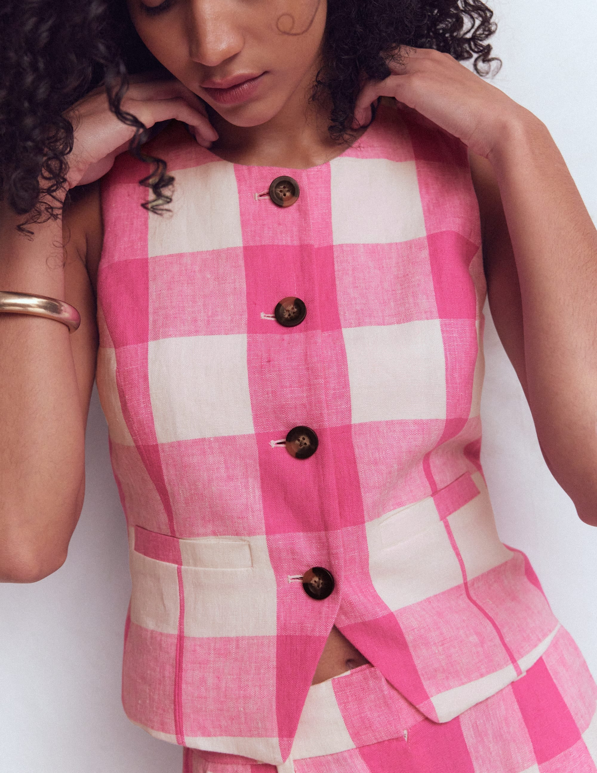 Linen Scoop Neck Waistcoat-Pink Gingham | Boden (US)