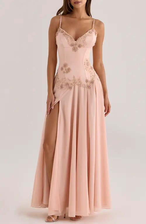 HOUSE OF CB Saloma Satin Georgette Gown in Blush at Nordstrom, Size X-Small A | Nordstrom