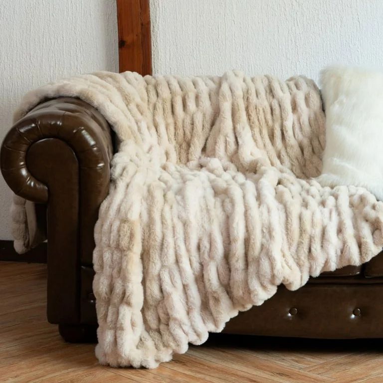Battilo Ruched Luxury Faux Fur Throw Blanket Beige Tie-dye Rabbit Faux Fur Blanket for Couch, Liv... | Walmart (US)