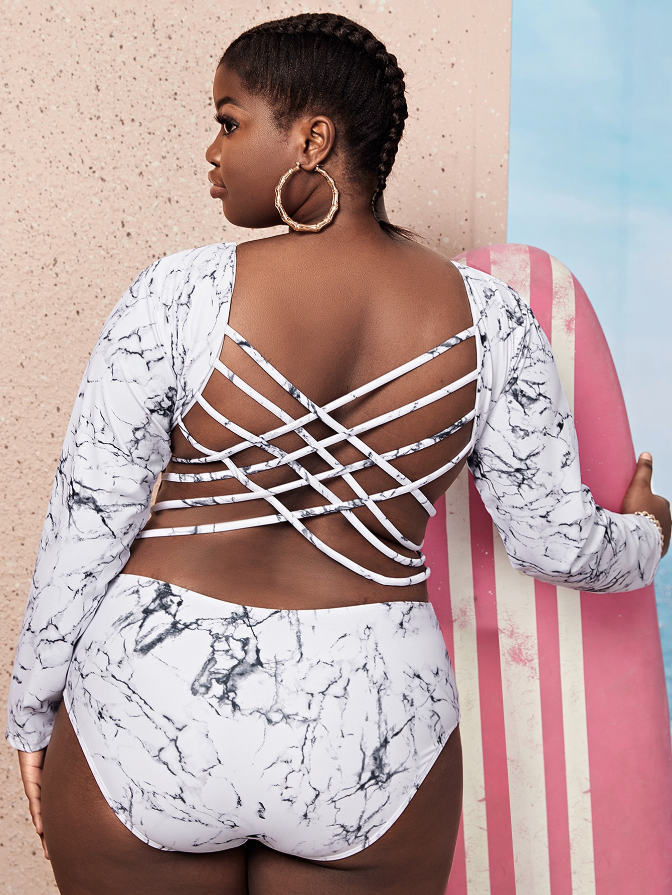 Plus Marble Print Lattice Back One Piece Swimsuit | SHEIN