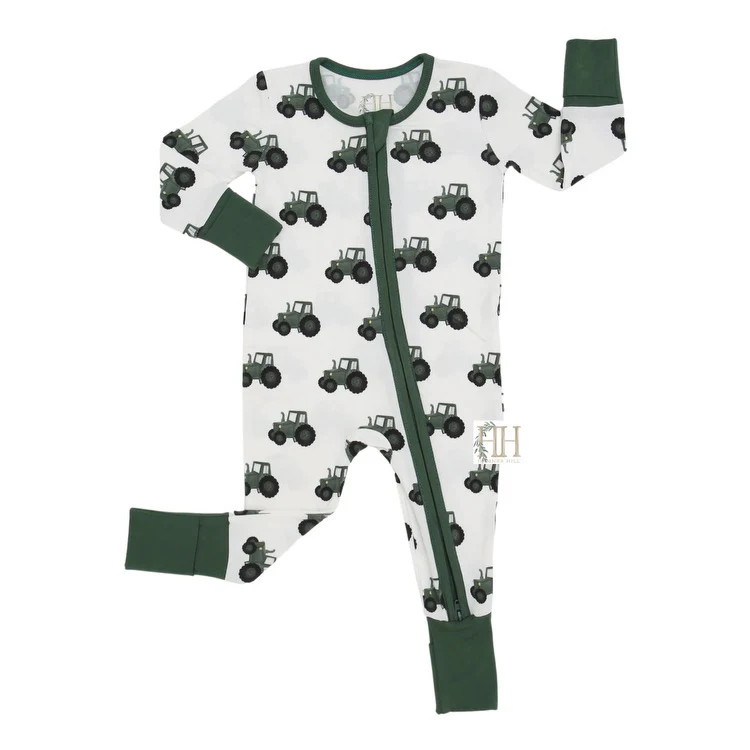 Boys Green Tractor Double Zipper Romper | Hamner Hill