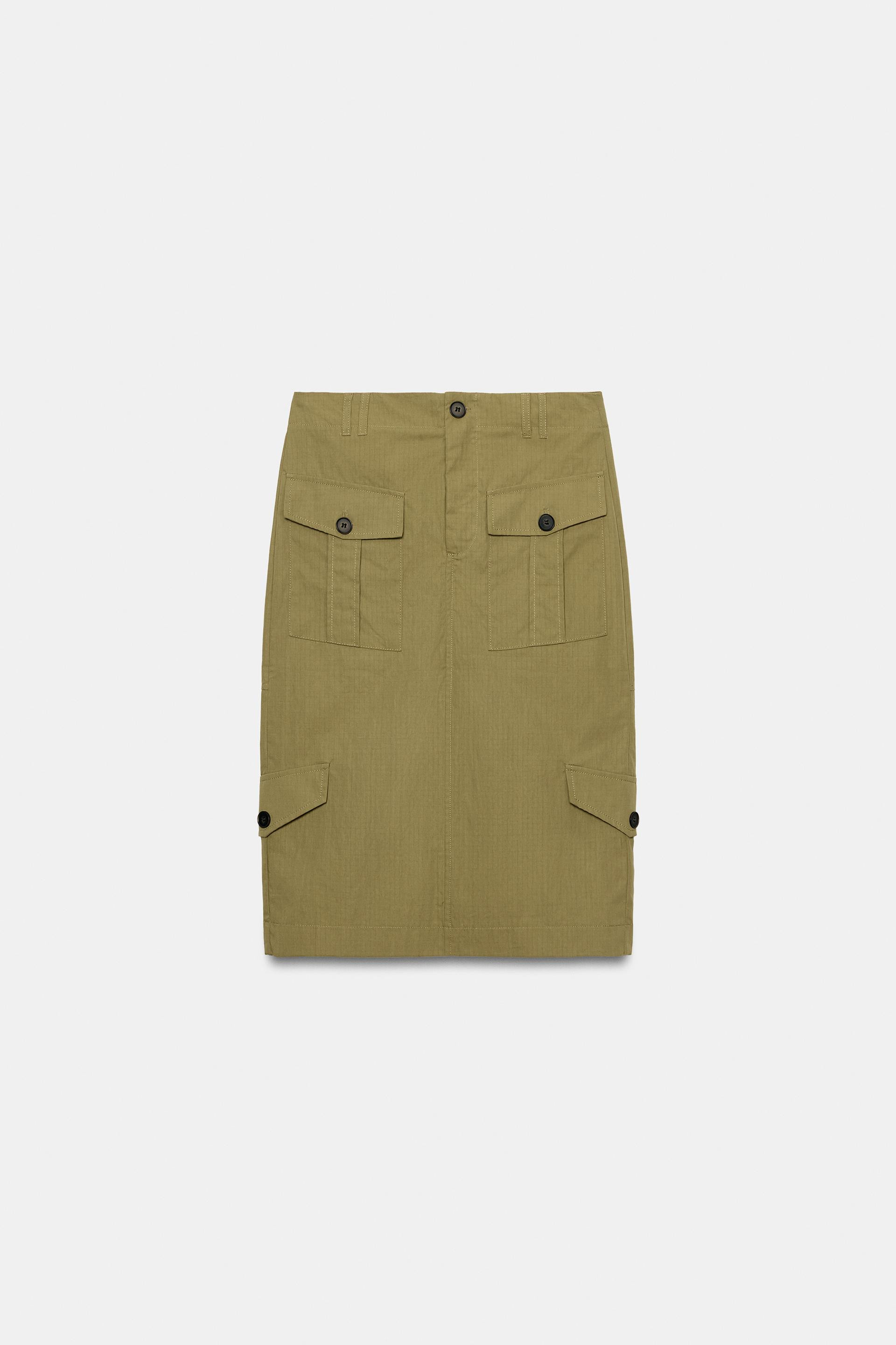 Zara - Midi Skirt With Pockets - Khaki - M - Woman | Zara UK
