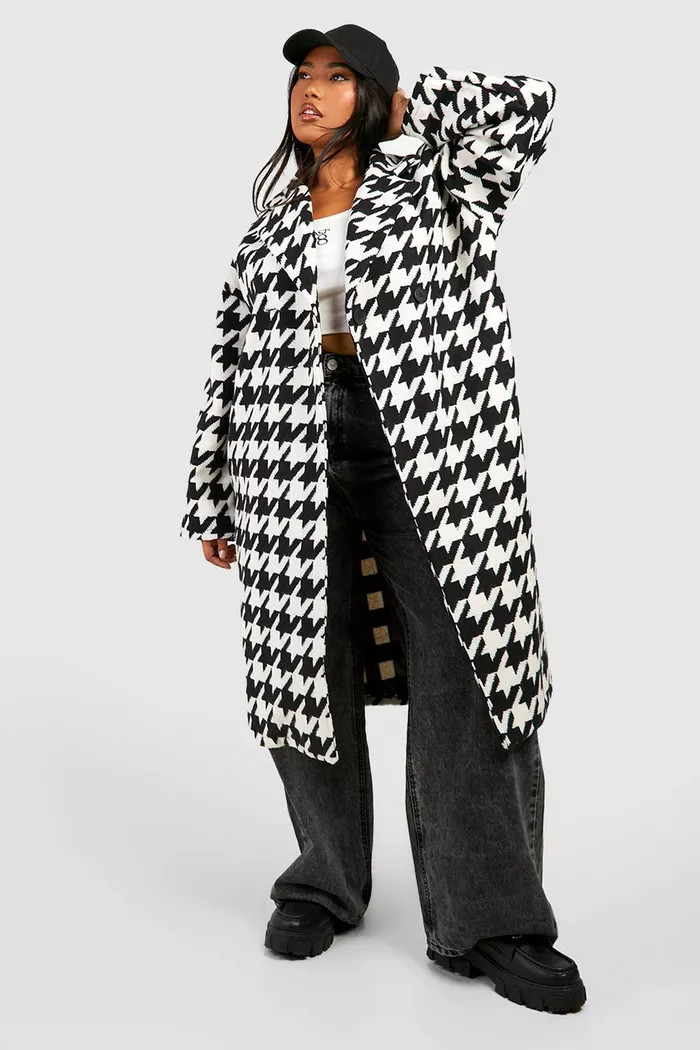 Plus Dogtooth Boucle Longline Coat | boohoo (US & Canada)