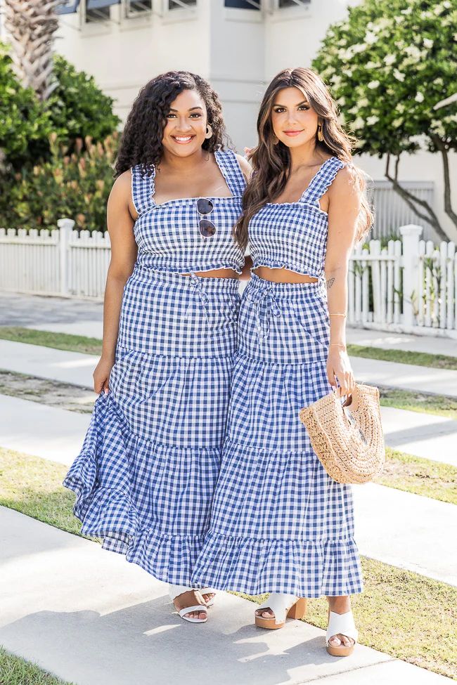 Sitting Parkside Navy Gingham Smocked Crop Blouse | Pink Lily