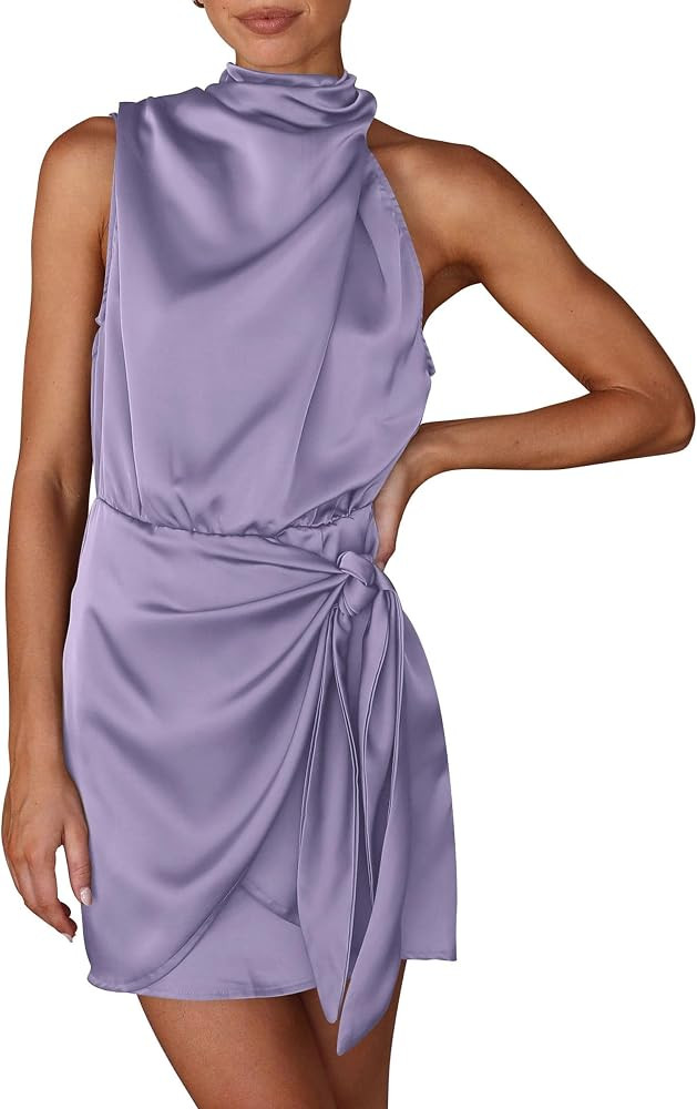 PRETTYGARDEN Women's Short Formal Satin Dress Summer Sleeveless Mock Neck Tie Waist Cocktail Part... | Amazon (US)