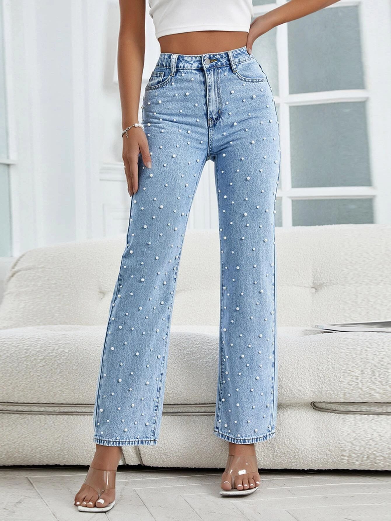 Pearls Beaded Flare Leg Jeans | SHEIN