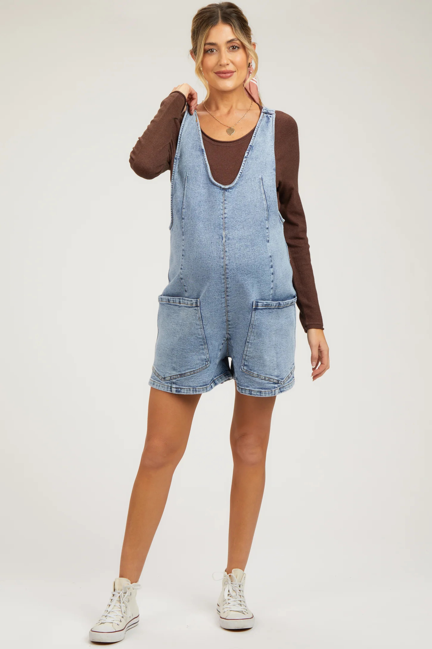 Light Blue Denim Scoop Neck Maternity Short Overall | PinkBlush Maternity