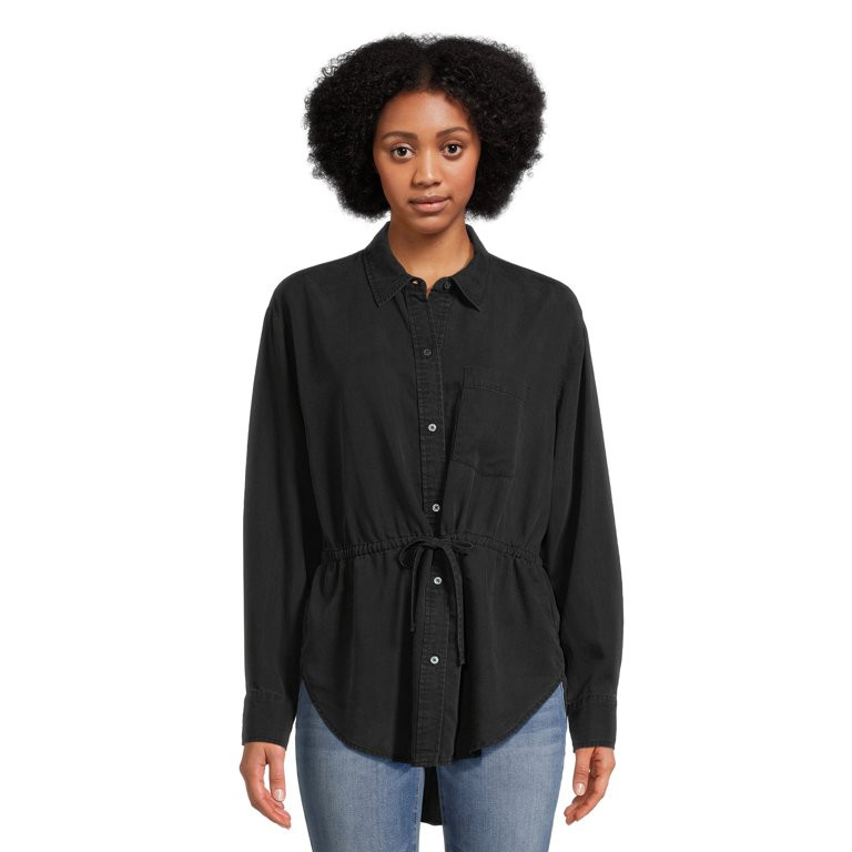 Time and Tru Women's and Women's Plus Button Down Drawstring Shirt with Long Sleeves | Walmart (US)