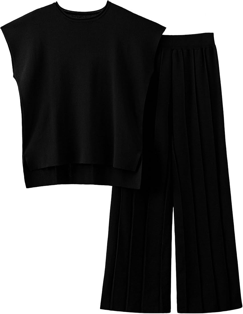 VATEAMI Women Knit 2 Piece Sweater Sets Pullover Tops High Waist Wide Leg Pants Lounge Set | Amazon (US)