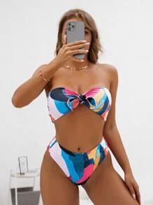 Color Block Knot Front Bandeau Bikini Swimsuit
   SKU: swswim03210308671      
          (7501 Re... | SHEIN