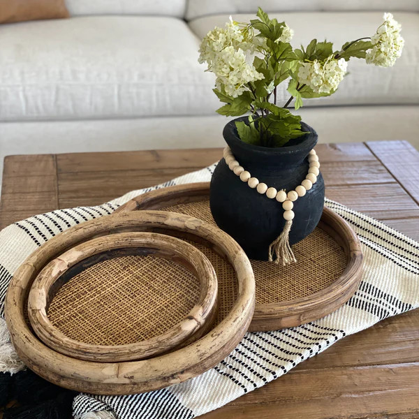 19.5" Round Rattan and Bamboo Tray- Large | Interior Delights