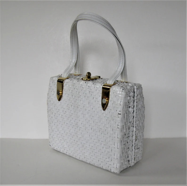 SALE, Vintage White Coated Wicker Footed Handbag, Gold Trim Hardware, Box Purse, 8 1/2 X 7 1/2, M... | Etsy (US)