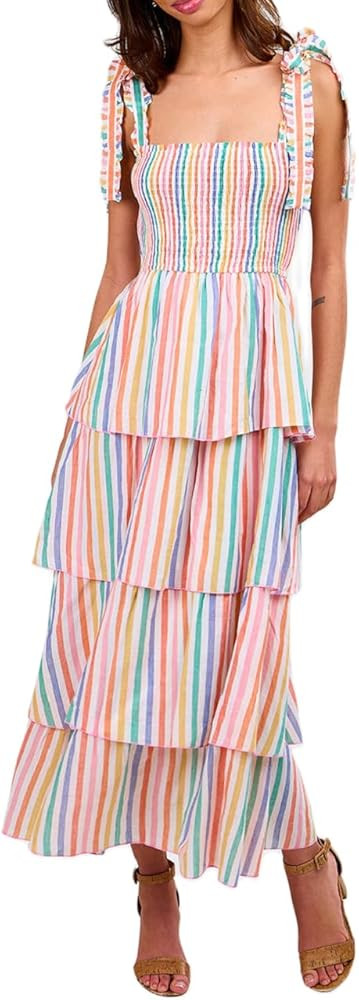 Women Summer Boho Tie Shoulder Dress Y2k Floral Smocked Flowy Long Dress Ruffle Tiered Beach Voca... | Amazon (US)