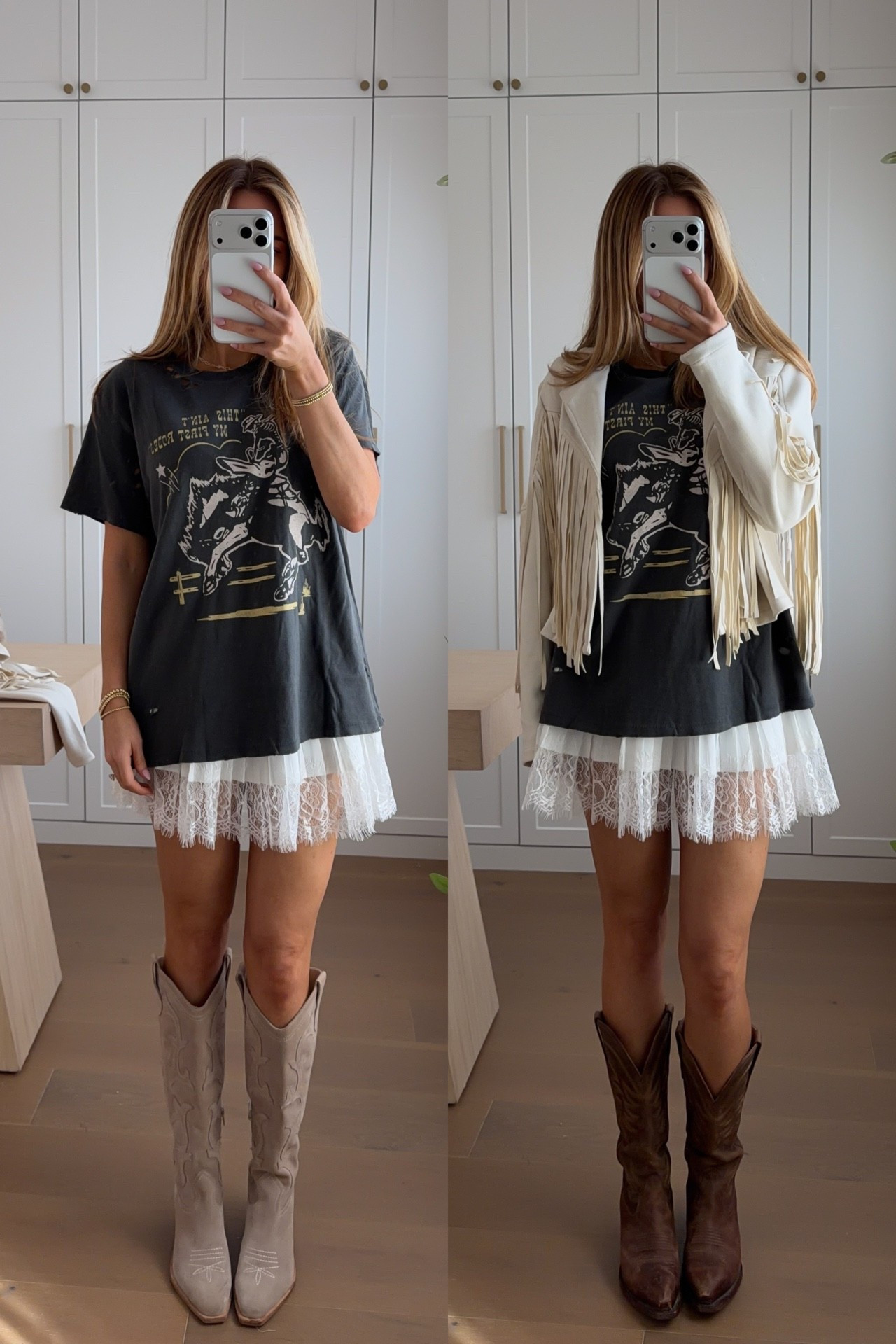tee: large // skirt: small // jacket: small — this Amazon lace skirt is the perfect way to style a graphic tee or sweater! Styled this one for a country concert.