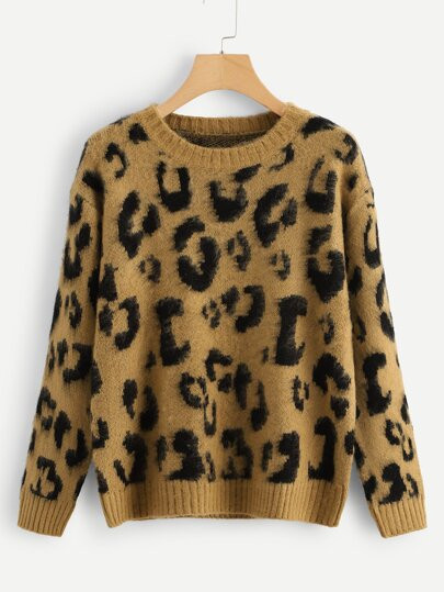 Leopard Print Fuzzy Jumper | SHEIN