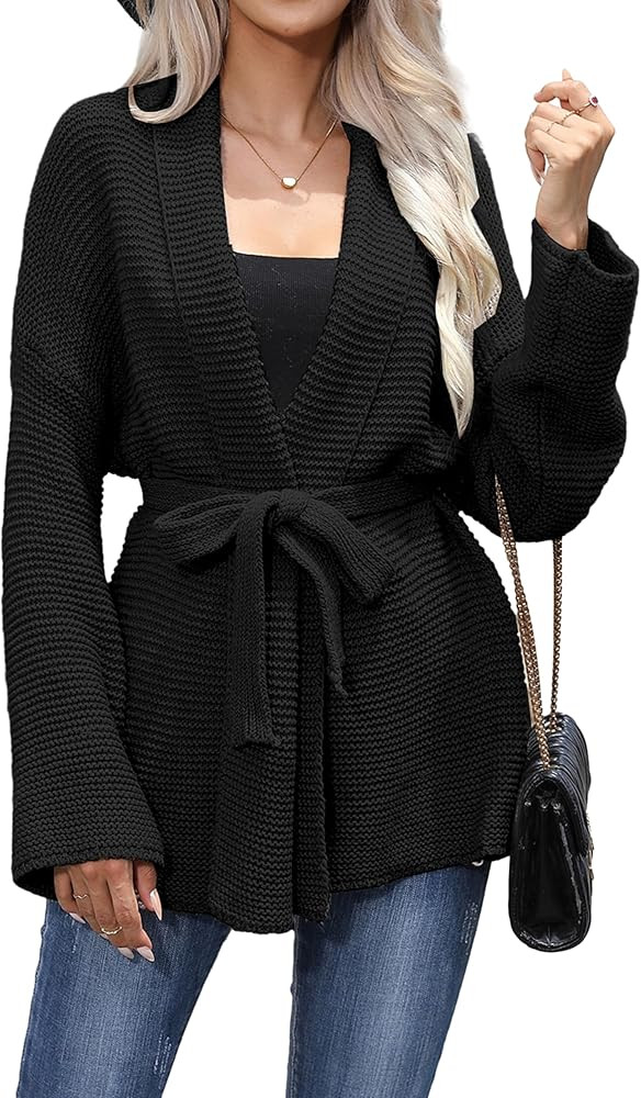 Belted Cardigan Sweater for Women Long Sleeve Knit Draped Tie Waist Casual Fall Outfit 2025 | Amazon (US)