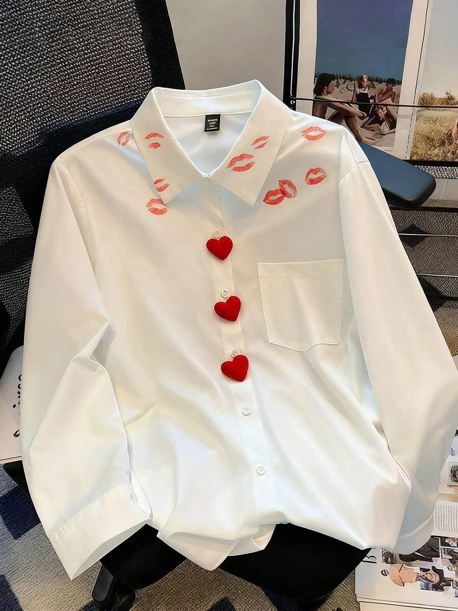 GlowEve CURVE Plus Size Women's Fashion Casual Lip Print Heart Decor Shirt | SHEIN