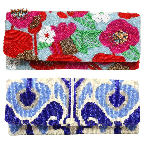 Handmade Fold-over 3D Floral & Blue Ikat Clutches | James Ascher
