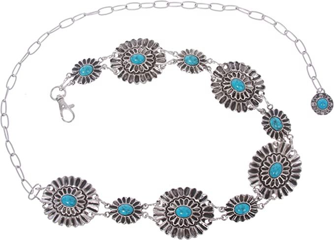 Women's Western Turquoise Stone Blue Concho Chain Belt | Amazon (US)