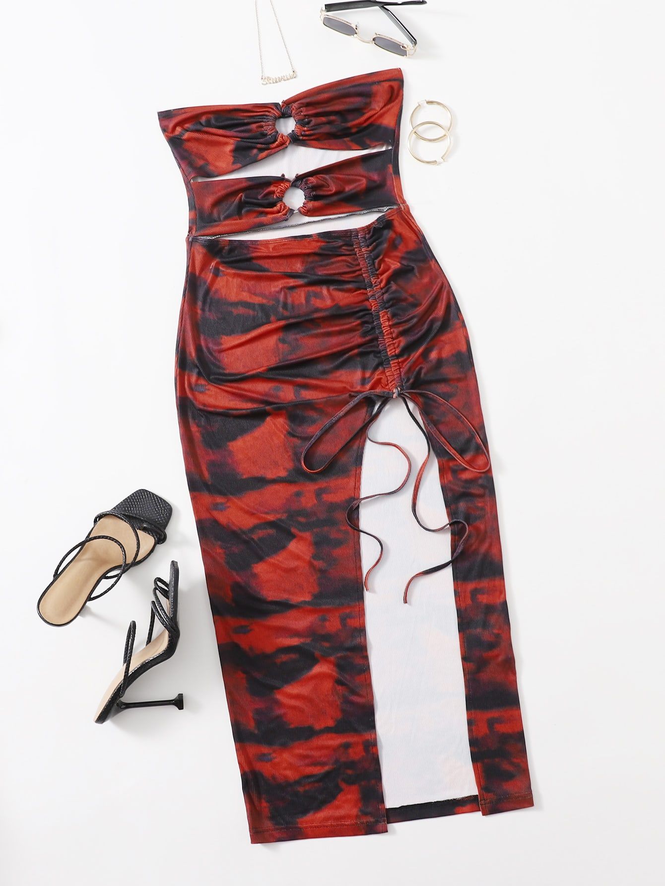 SHEIN Cutout Front Ruched Drawstring Split Thigh Tie Dye Bodycon Dress | SHEIN