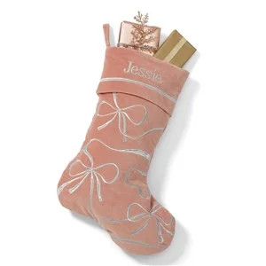 Kittenish Embroidered Bows & Ribbons Stocking in Pink/Silver | Things Remembered