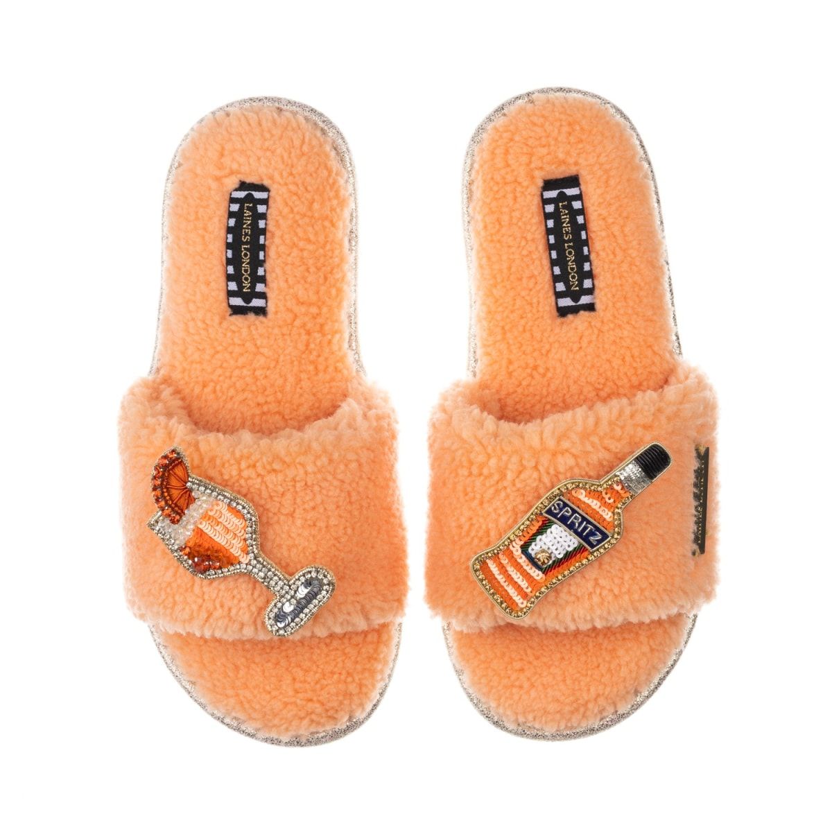 Teddy Towelling Slipper Sliders With Artisan Summer Spritz Brooches - Coral Orange | Wolf & Badger (US)