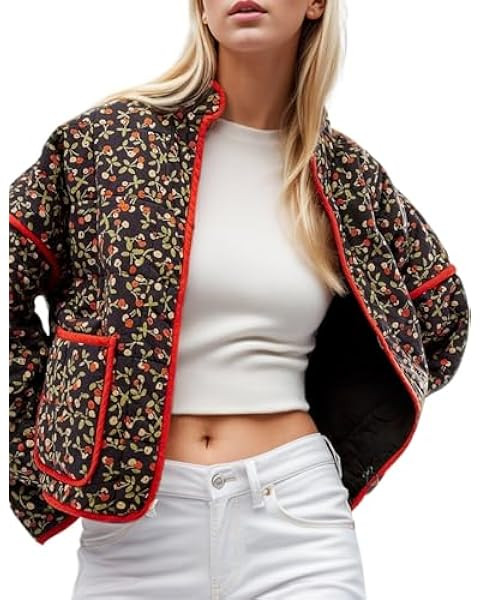 Wyeysyt Women's Cropped Puffer Jacket Lightweight Floral Print Long Sleeve Padded Quilted Puffy C... | Amazon (US)