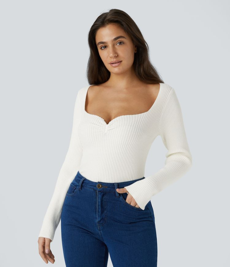 Sweetheart Neck Long Sleeve Slim Casual Sweater | HALARA