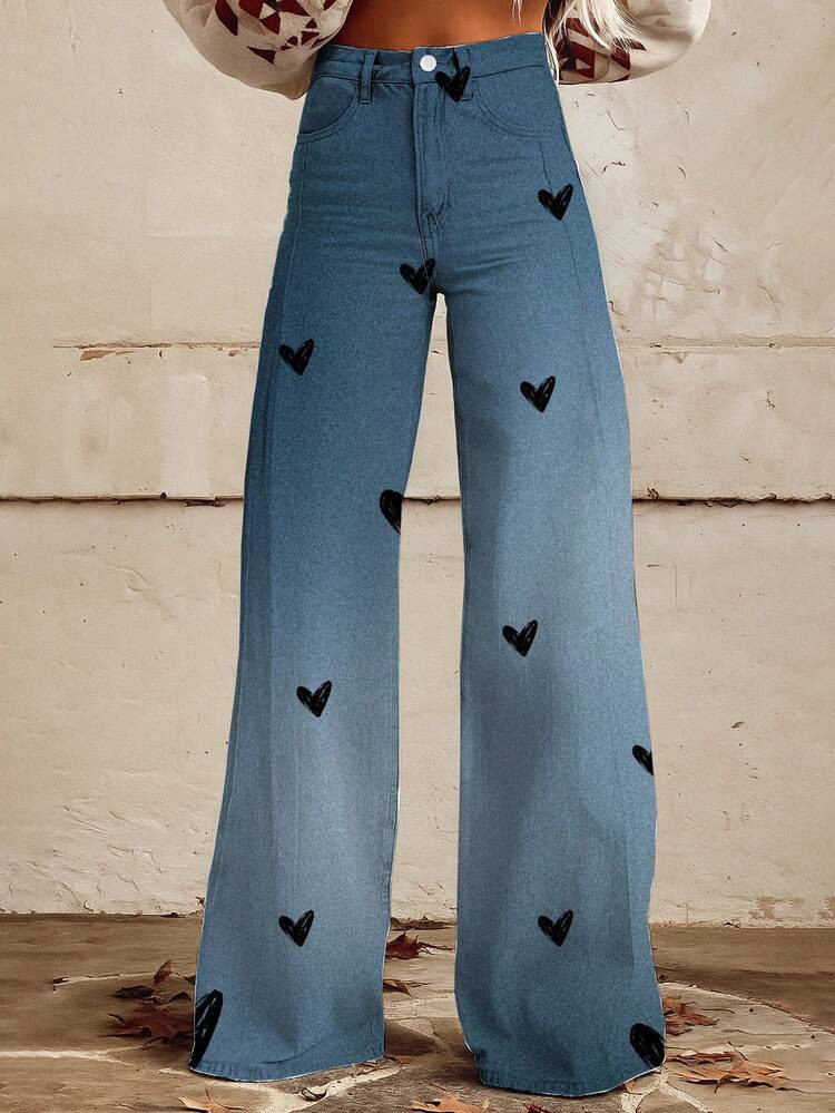 It'S Awesome To Draw Hearts! These Women'S Relaxed Flared Jeans Are Stylish And Perfect For Everyday Wear In Any Season. | SHEIN