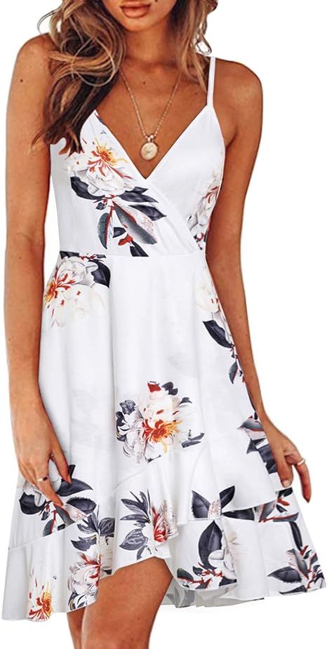 ULTRANICE Womens Summer Floral Wrap V Neck Adjustable Spaghetti Casual Ruffle Dress | Amazon (US)