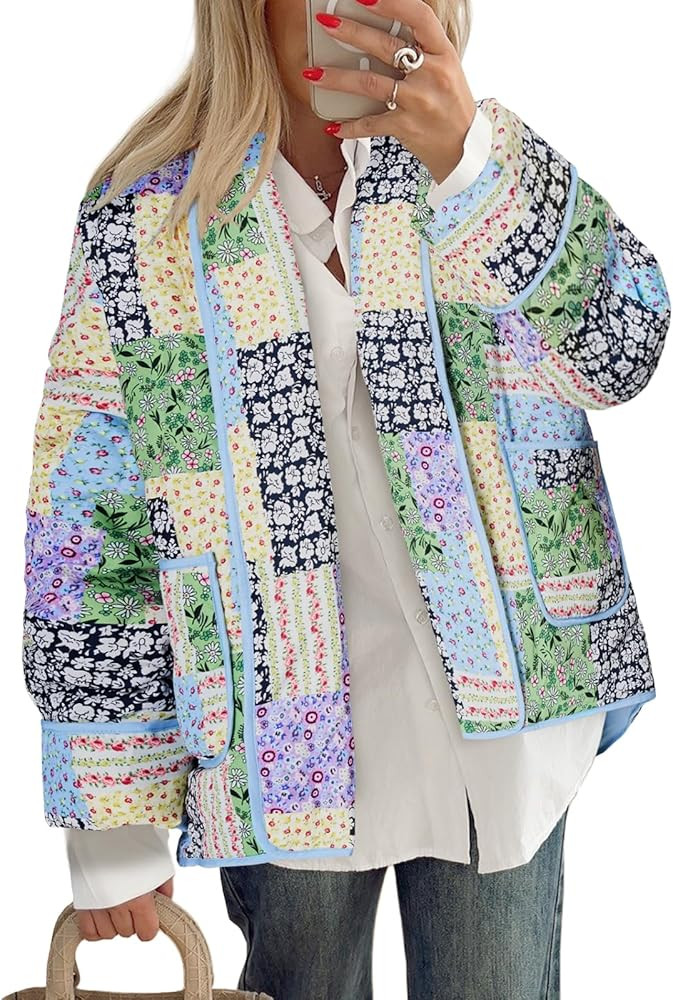 Tankaneo Womens Floral Patchwork Quilted Jacket Lightweight Cropped Open Front Puffer Coat Fall O... | Amazon (US)