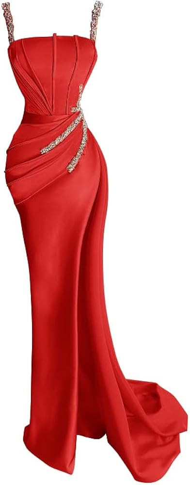 Jorshiman Spaghetti Straps Prom Dresses Long Beaded Formal Evening Gowns Satin Bridesmaids Dresse... | Amazon (US)