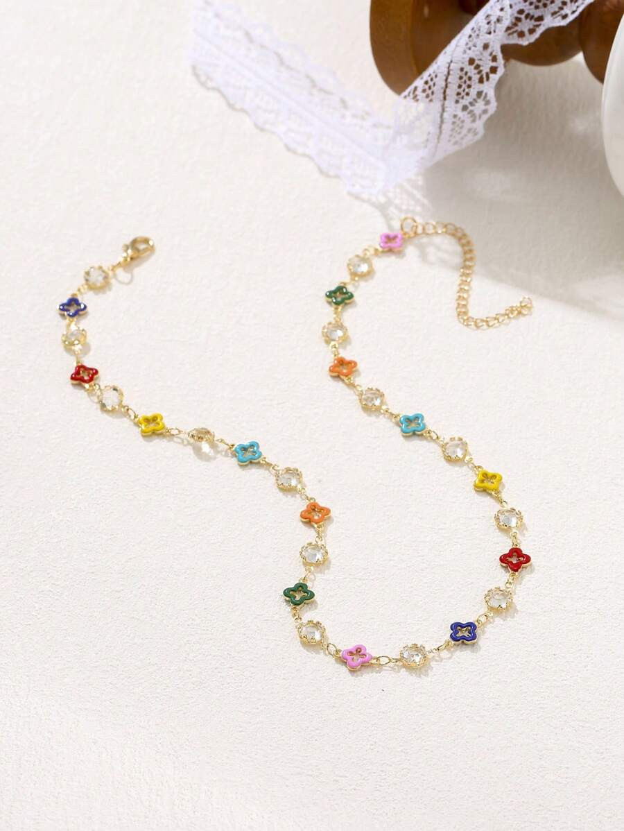 1pc Bohemian Style Colorful Flower & Crystal-Like Bead Chain Necklace For Women, High-End Jewelry | SHEIN