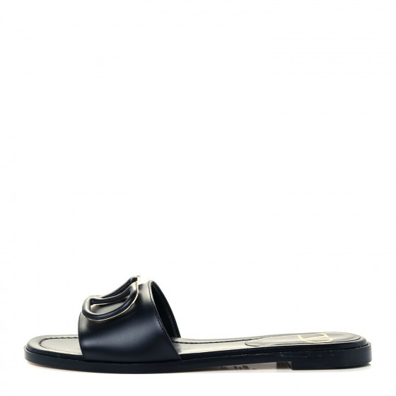 VALENTINO GARAVANI Calfskin Vlogo Flat Slide Sandals 35.5 Black | FASHIONPHILE (US)