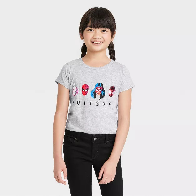 Girls' Marvel Spider-Man Suit Up Short Sleeve Graphic T-Shirt - Heather Gray | Target
