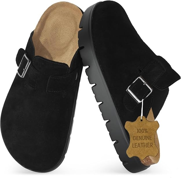 Genuine Leather Chunky Big Buckle Platform Benton Clogs for Women Memory Foam Arch Support Cork F... | Amazon (US)