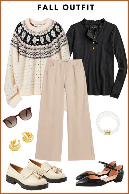 Fall outfit, teacher outfit, work outfit, work clothes, weekend outfit, work casual fashion // knit cardigan, ruffle long sleeve shirt, wide leg pants, pearl bracelet, stud earrings, tassel loafers, pointy toe flats

#LTKover40 #LTKFind #LTKSeasonal