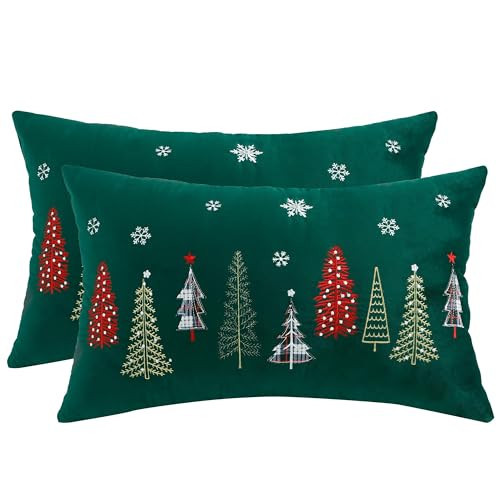 Tosleo Christmas Embroidery Throw Pillow Covers 16 x 26 inch Set of 2 Christmas Dec Velvet Pillowcases Forest Green Xmas Tree Cushion Pillow Cases Soft Square Holiday Pillowcase | Amazon (US)