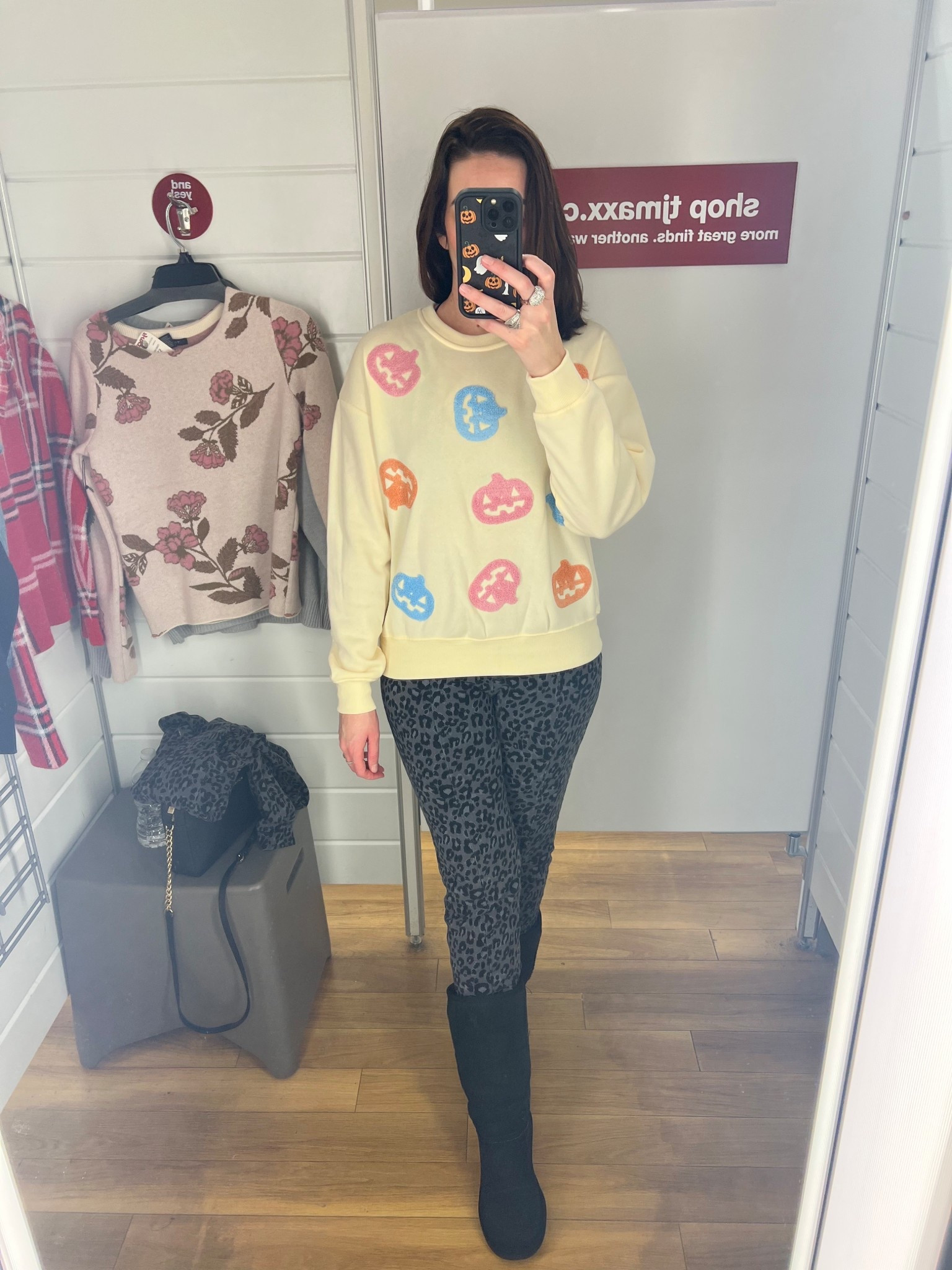 Jack o lantern sweatshirt (small). Leopard lounge pants (small). Black mid-length uggs (9). #sweater #skullsweater #skullheadsweater #pants #loungepants #leopardpants #uggs #blackuggs #boots #halloween Halloween  

#LTKHalloween #LTKStyleTip #LTKFindsUnder100