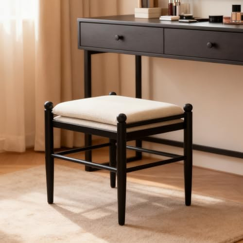 Janoray Ottoman Footrest, 19 Inch Upholstered Vanity Bench Seat, Backless Makeup Stool with Solid Wood Legs for Dining Room/Bedroom/Living Room/Entryway,Black Frame/White Linen | Amazon (US)