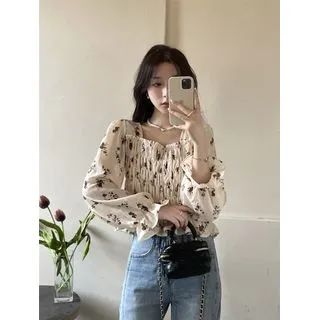 Long-Sleeve Square Neck Floral Cropped Blouse | YesStyle Global