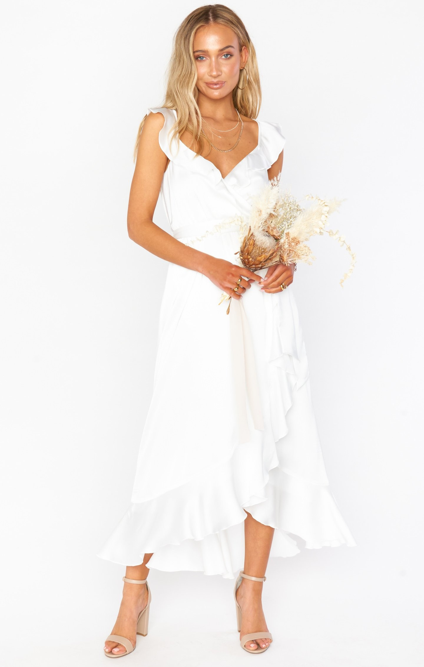 Samantha Ruffle Wrap Dress, in Ivory Luxe Satin, Size: XS | Show Me Your Mumu | Show Me Your Mumu