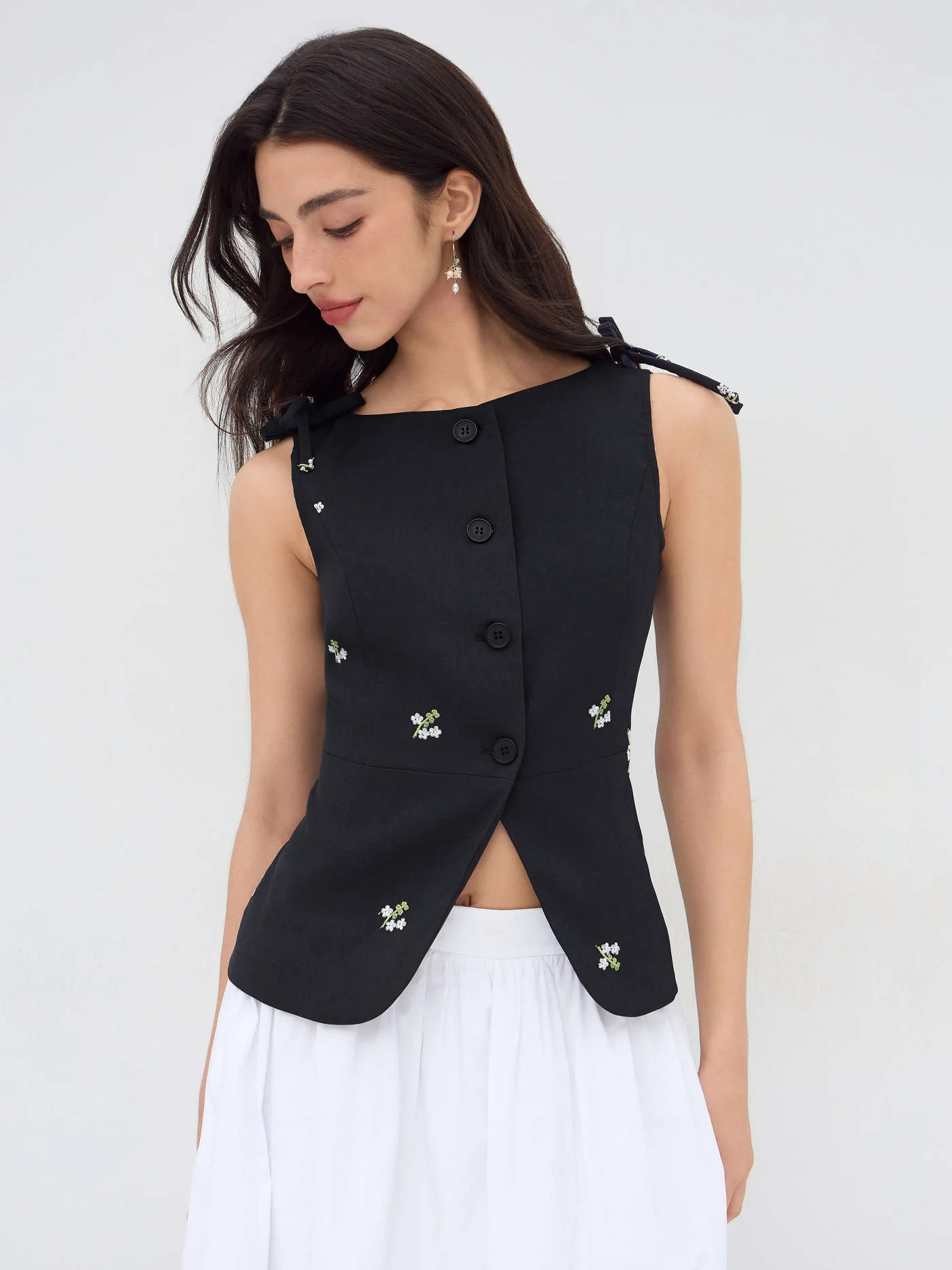 Floral Embroidery Bowknot Blazer Vest | Cider
