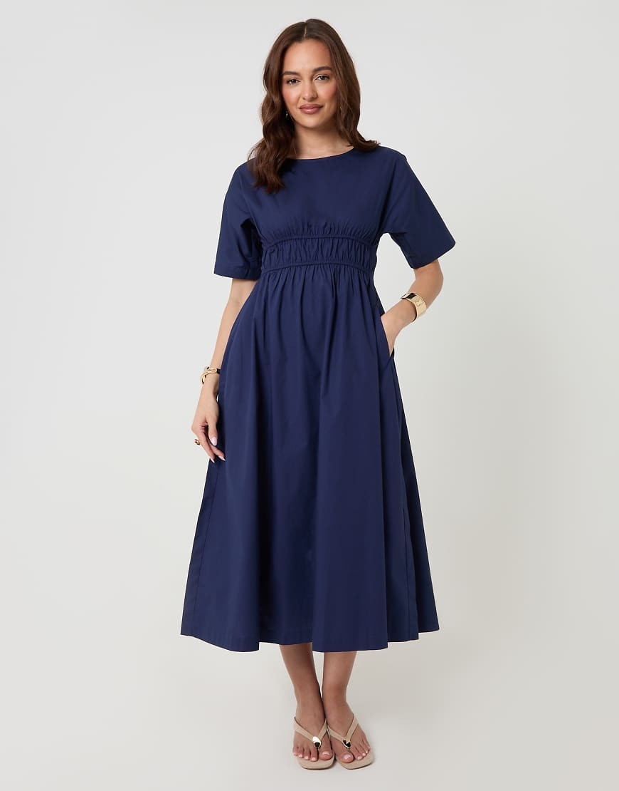 Threadbare Elasticated waist cotton poplin midi dress in navy-Blue | ASOS (Global)