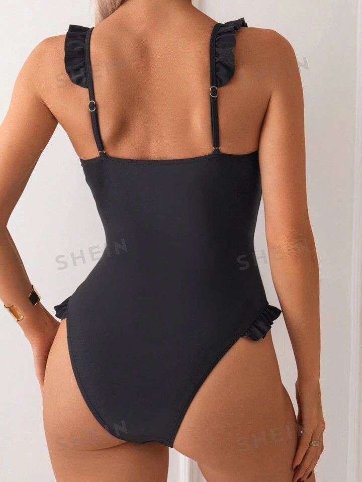 SHEIN Swim Women's Solid Color Patchwork Swimsuit With Ruffle Trim & Bow Decoration For Beach Hol... | SHEIN